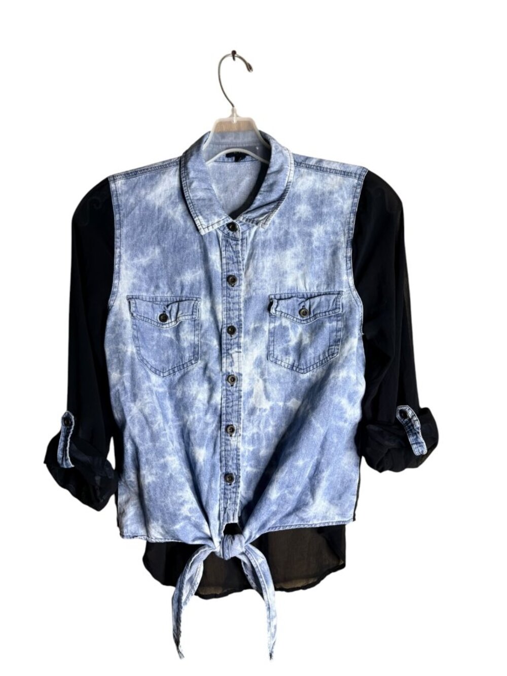 Mine button-front shirt featuring a light acid-wash denim front and yoke with co